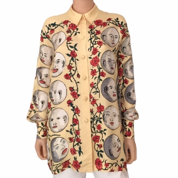 Sourine Eu Soie Pure Swiss Quality Silk Moon & Rose Print Button-Front Blouse